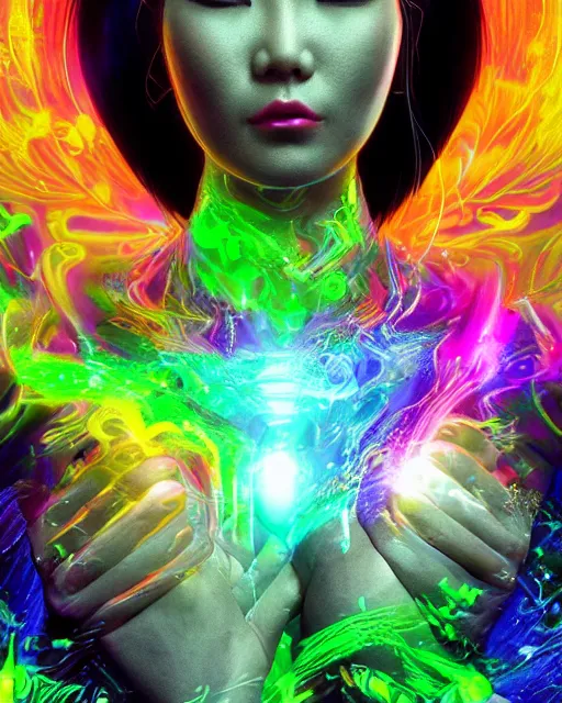 Image similar to a powerful energy psychedelic matrix asian woman, by alexander fedosav, hyper detailed digital matte painting, concept art, hyperrealism, 1 6 k resolution, cinema 4 d, 8 k resolution, trending on artstation, behance hd, a masterpiece, by stephan martiniere, particles, cel - shaded, power bright neon energy, by david a. hardy