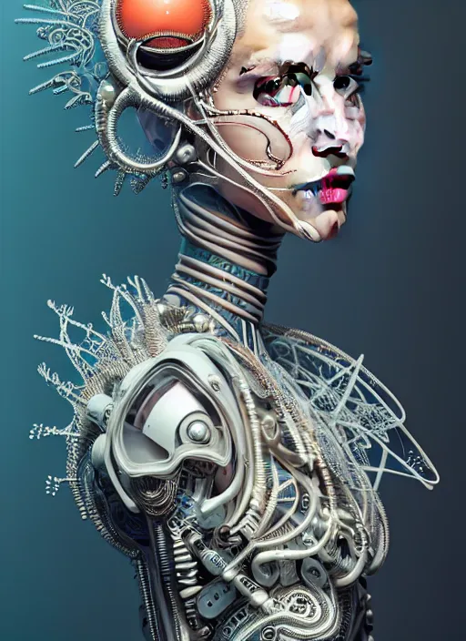 Image similar to portrait of an absurdly beautiful, graceful, sophisticated, fashionable cyberpunk mechanoid, hyperdetailed illustration by irakli nadar and alexandre ferra, intricate linework, white porcelain skin, faberge, coral headdress, unreal engine 5 highly rendered, global illumination, radiant light, detailed and intricate environment