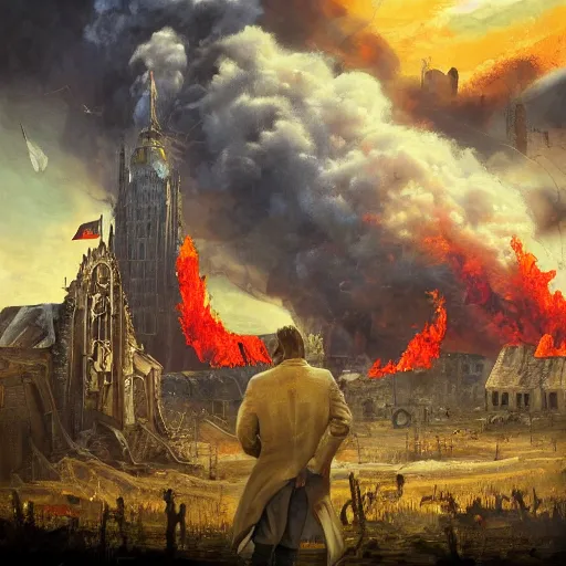 Image similar to a high quality apocalyptic painting of brussels burning in fire while olli rehn cries and viktor orban laughs maniacally in style of salvador dali, trending on artstation