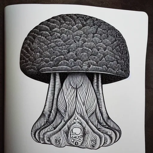 Prompt: Geometrically surreal Mushroom, extremely high detail, photorealistic, intricate line drawings, dotart, album art in the style of James Jean