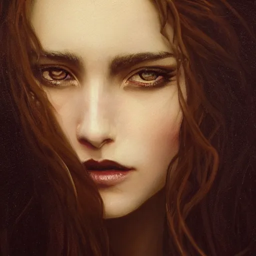 Image similar to majestic gracious regal aristocratic brunette female vampire portrait, atmospheric lighting, painted, menacing, intricate, volumetric lighting, beautiful, rich deep colours masterpiece, golden hour, sharp focus, ultra detailed, by leesha hannigan, ross tran, thierry doizon, kai carpenter, ignacio fernandez rios