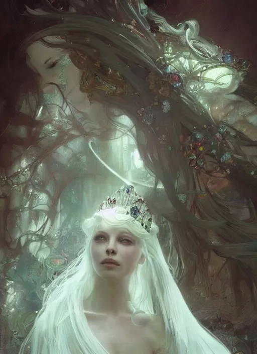 Image similar to a beatiful white haired princess, adorned with precious stone jewelry, intricate concept art, ethereal, ominous, dramatic lighting, Ruan Jia and Jeremy Mann and Alphonse Mucha