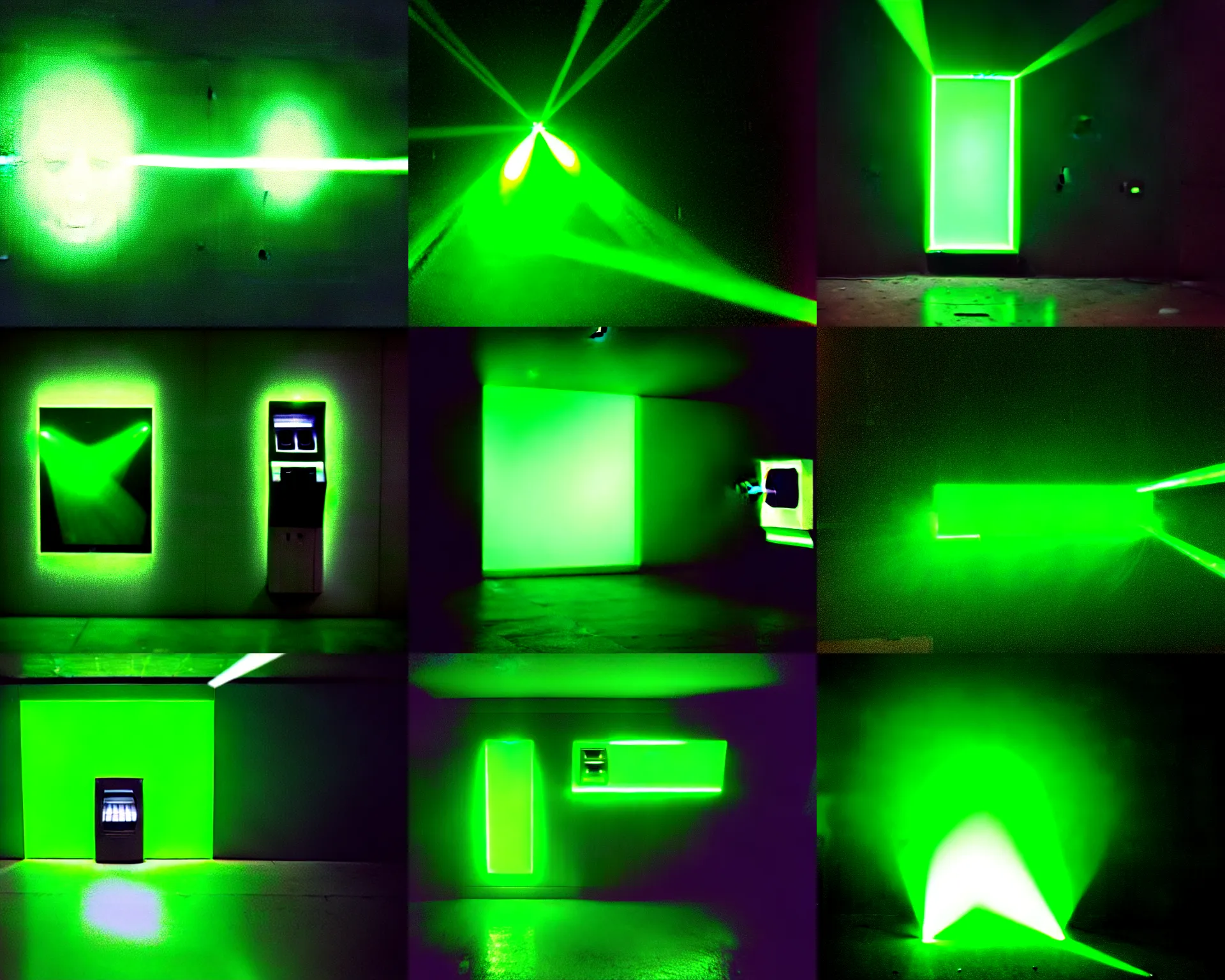 Prompt: photo of many green laser beams shooting out in all directions in a dark concrete room, medium close shot, the laser beams illuminate the image of a face on a screen of an atm machine, in the style of juergen teller