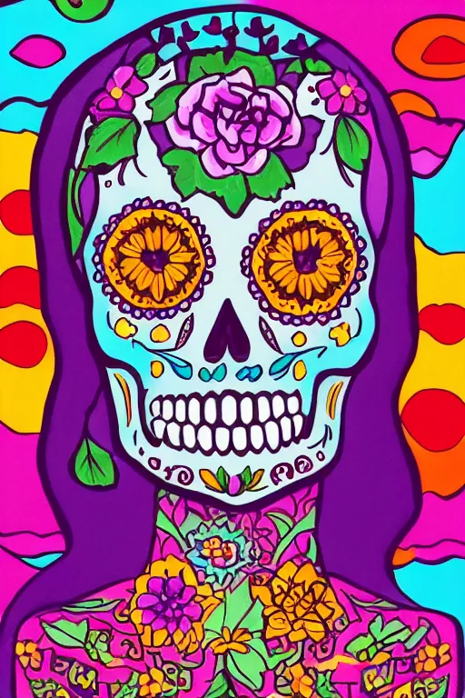 Image similar to illustration of a sugar skull day of the dead girl, art by meow wolf