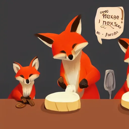 Prompt: foxes judging a cheese competition, furry, cute, disney concept art, pixar, artstation, detailed, award winning, soft lighting