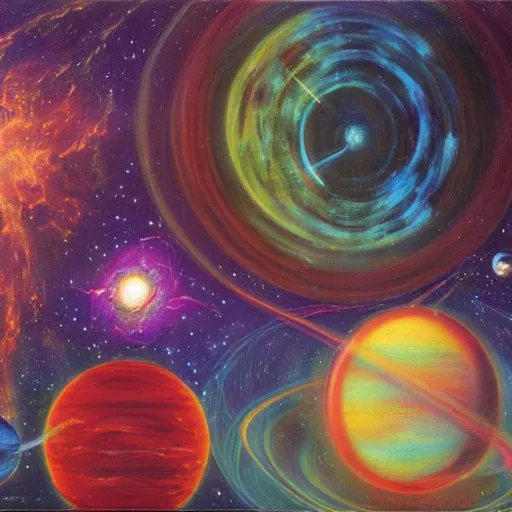Prompt: alan watts on lsd, oil painting, space, planets, smoke, dreamy