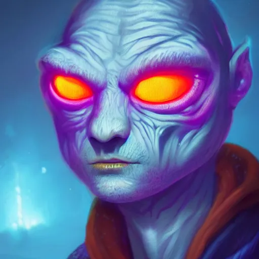 Prompt: close up portrait of a young alien lizard human as a wizard man, pixar style, stylized face, intricate detail, digital painting, glowing orange eyes, neon colors, vaporwave, particles floating, background by wlop, artwork by ross tran and ramond swanland and liam wong and mike winklemann, trending on artstation