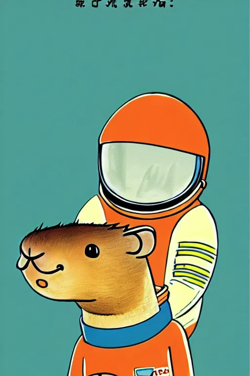 Image similar to by richard scarry. astronaut capybara. a 1 9 5 0 s retro illustration. studio ghibli. muted colors, detailed