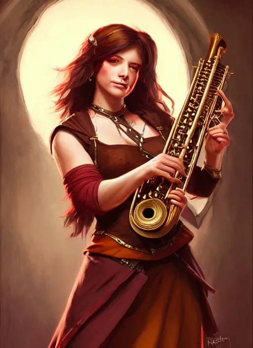 Image similar to a _ fantasy _ style _ portrait _ painting _ of female charismatic bard playing instrument, rpg dnd oil _ painting _ unreal _ 5 _ daz. _ rpg _ portrait _ extremely _ detailed _ artgerm _ greg _ rutkowski _ greg