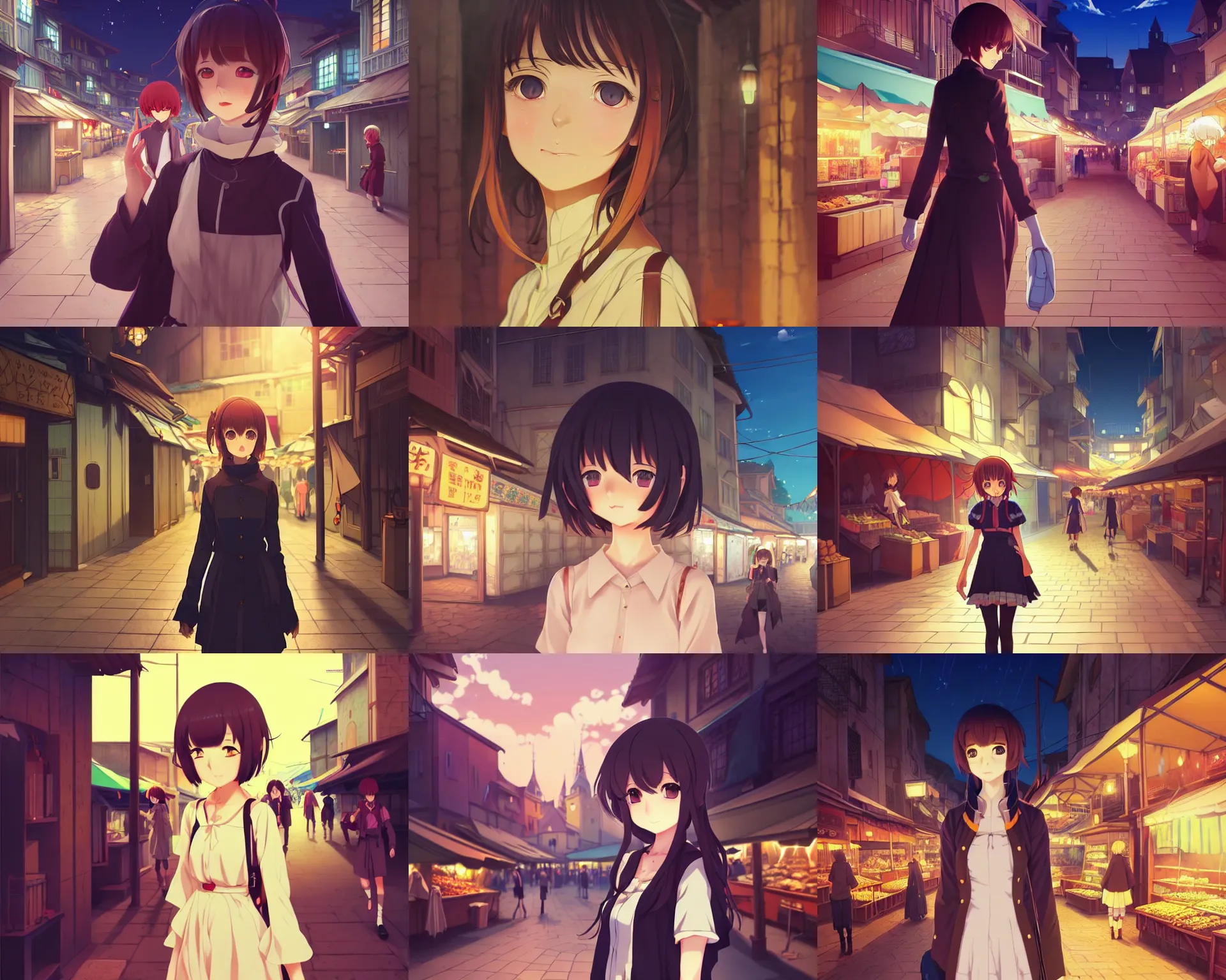 Prompt: anime visual, portrait of a young female traveler at night at medieval open air market exterior walking, cute face by ilya kuvshinov, yoh yoshinari, makoto shinkai, dynamic composition, dynamic perspective, cel shaded, flat shading mucha, rounded eyes, moody, detailed facial features, psycho pass, lomography