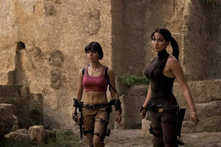 Image similar to Isabela Merced as Dora the Explorer wearing and Angelina Jolie as Lara Croft standing in an ancient temple, high resolution film still, movie by Simon West