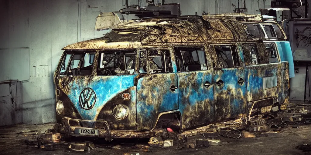 Image similar to close up of a vw campervan in an old industrial vw factory, a ghostly figure is walking between the broken cars, everything is rusted and broken and covered in moss, night time low light, spooky and scary atmosphere, artstation,