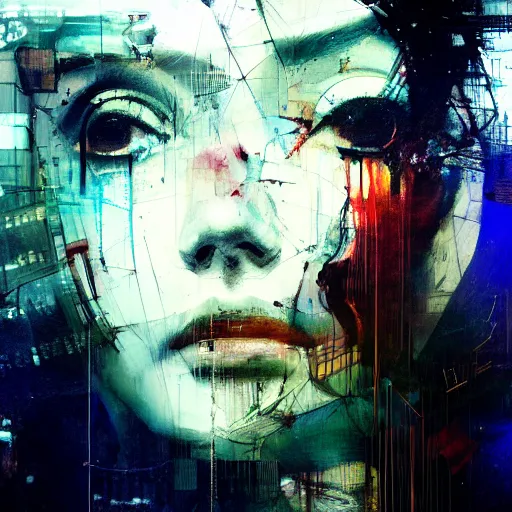 Image similar to beautiful young woman cyber dreamer glitchcore wires, machines, by jeremy mann, francis bacon and agnes cecile, and dave mckean ink drips, paint smears, digital glitches glitchart