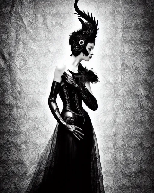 Image similar to a black and white high quality dreamy photo of a young beautiful female queen-silver dragon-vegetal-flower-cyborg black lace veiled bust with a very long steampunk cyborg neck, elegant, highly detailed, poetic, soft, dreamy, mysterious, high fashion, in the style of Horst P. Horst, Metropolis, Realistic, Refined, Digital Art, Highly Detailed, Cinematic Lighting, rim light, black and white, photo-realistic, 8K