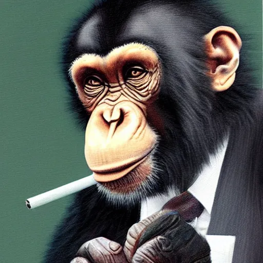 Image similar to a high detail portrait of a chimp wearing a suit 👔,and smoking🚬