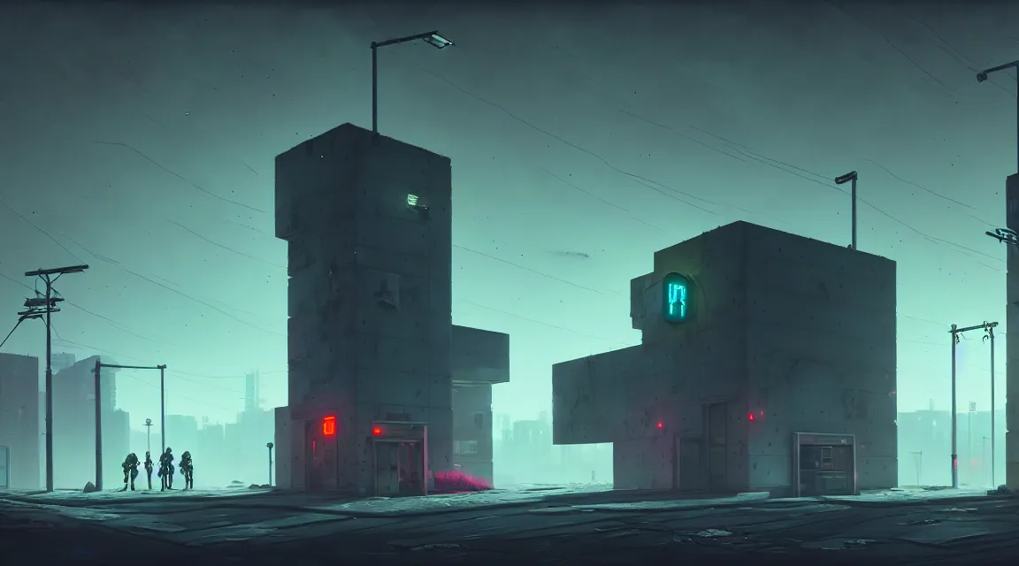 Image similar to post - apocalyptic police station, concrete building, paved roads, by simon stalenhag, highly detailed photography, trending on artstation, hyperrealistic, human silhouettes, cyberpunk, environment artist, dystopian, science fiction, synthwave neon retro