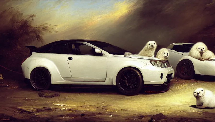 Image similar to highly detailed painting of cute furry white baby seals on a compact japanese drift car by william turner, by greg rutkowski, by william constable, thick brush strokes and visible paint layers, 4 k resolution