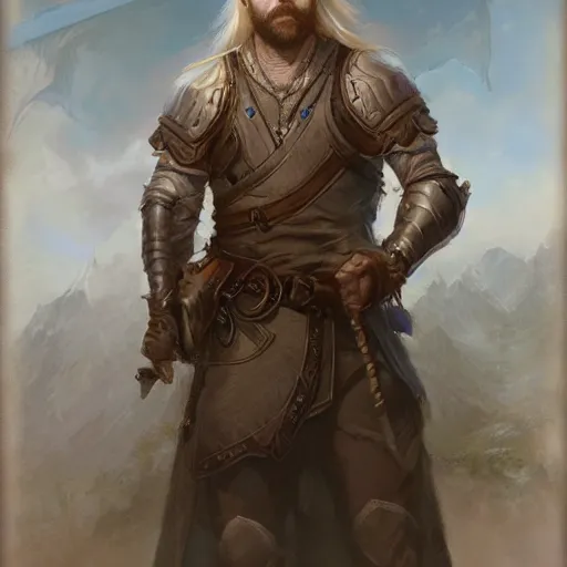 Prompt: A 22 year old Swedish male with short blonde hair and beard stubble as a fantasy D&D character, art by Donato Giancola and Bayard Wu, digital art, trending on artstation, 4k