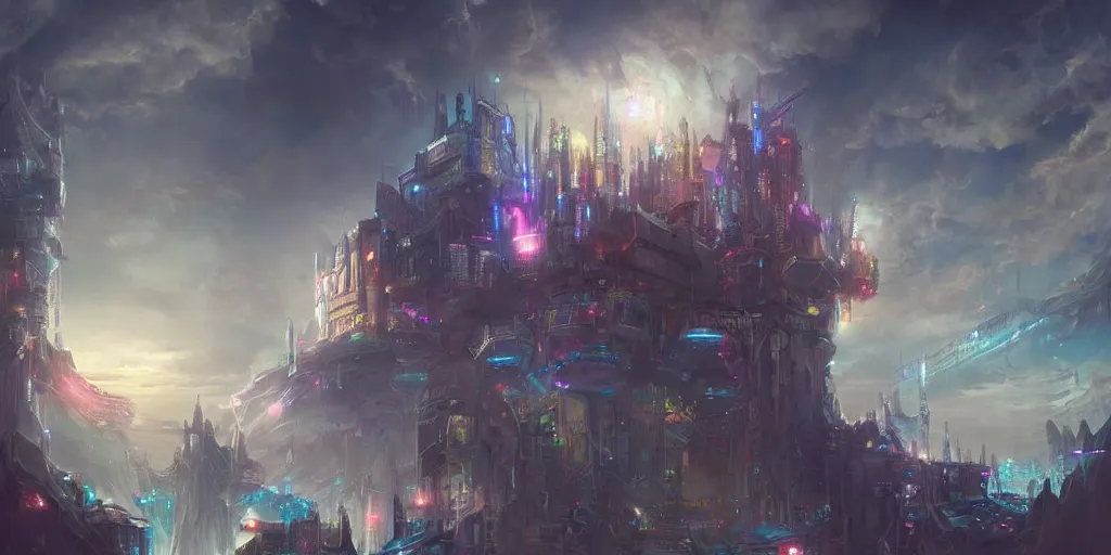 Image similar to A beautiful fantasy artwork of a celestial cyberpunk castle by li shuxing, trending on artstation