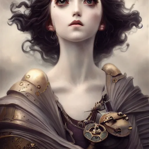 Prompt: By Tom Bagshaw, ultra realist soft painting of an fine steampunk anime porcelain miniature fully armored figurine long hair floating, curiosities carnival, symmetry accurate features, very intricate details, masterpiece sky, black and white, volumetric light clouds