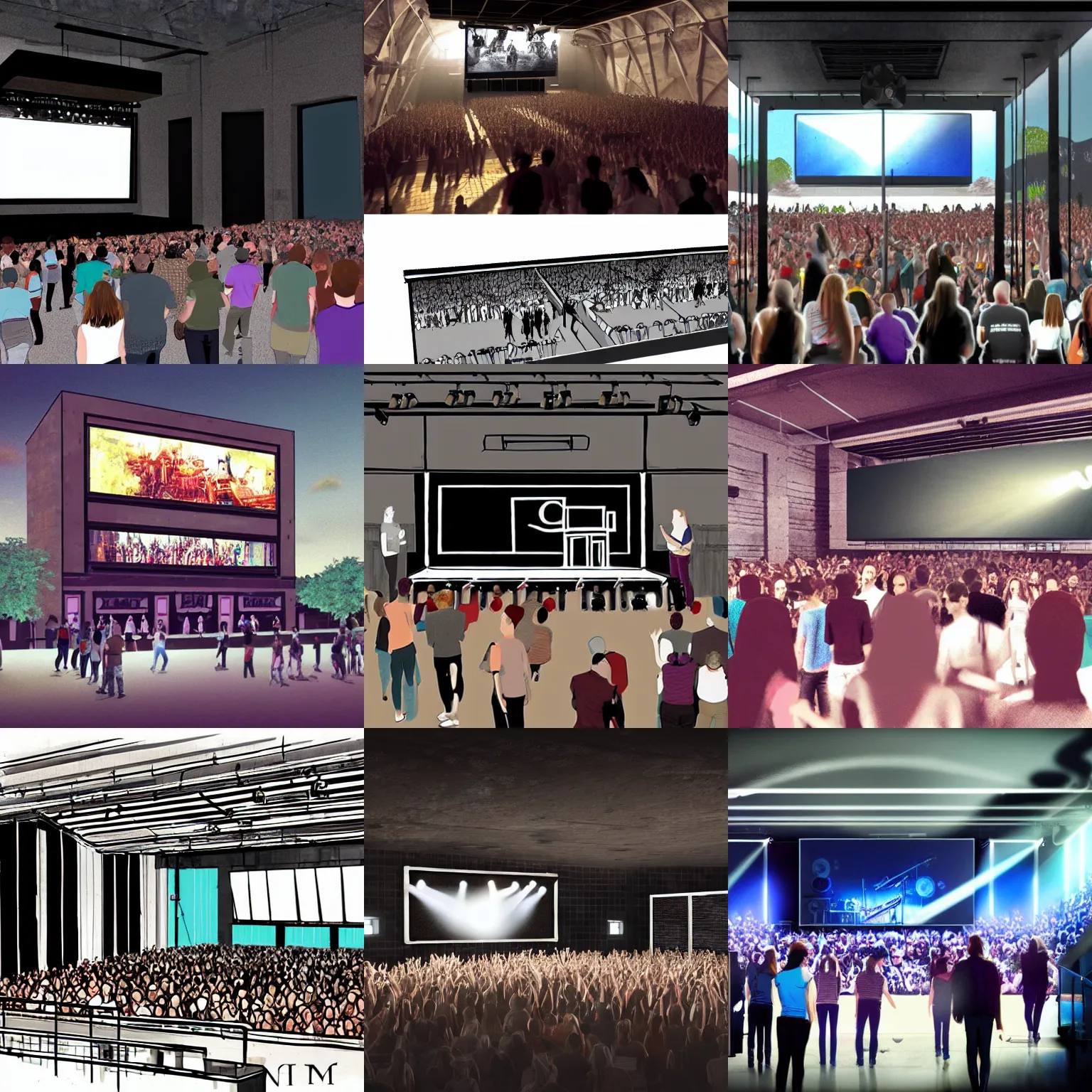 Prompt: concept art of a small near - future realistic musical venue with a large screen in front of a very small but excited crowd