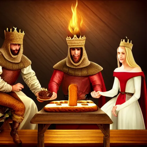 Prompt: medieval toast with king, queen and guests, realistic, artstation, fantasy