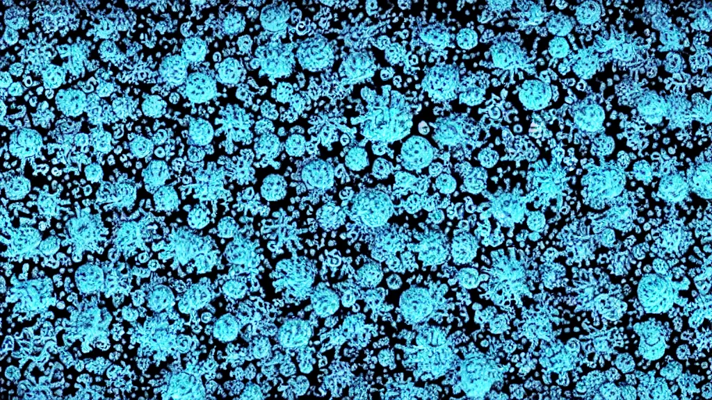 Prompt: beautiful microscopic 3 d closeup colour photo of coronaviruses infecting cells, seen through an electron microscope, sinister, detailed, ambient lighting, scientific illustration, 8 k, octane render