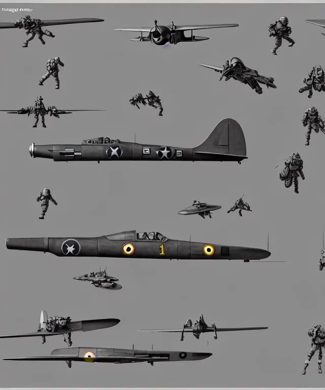 Prompt: 2 d shooter game concept art sprite sheet!!!, 1 9 4 2 wwii combat plane outer space concept art, hyperrealism, fine detail, 8 k, 3 d render, artgerm, artstation contest winner, cgsociety, cryengine, zbrush, vray, no background