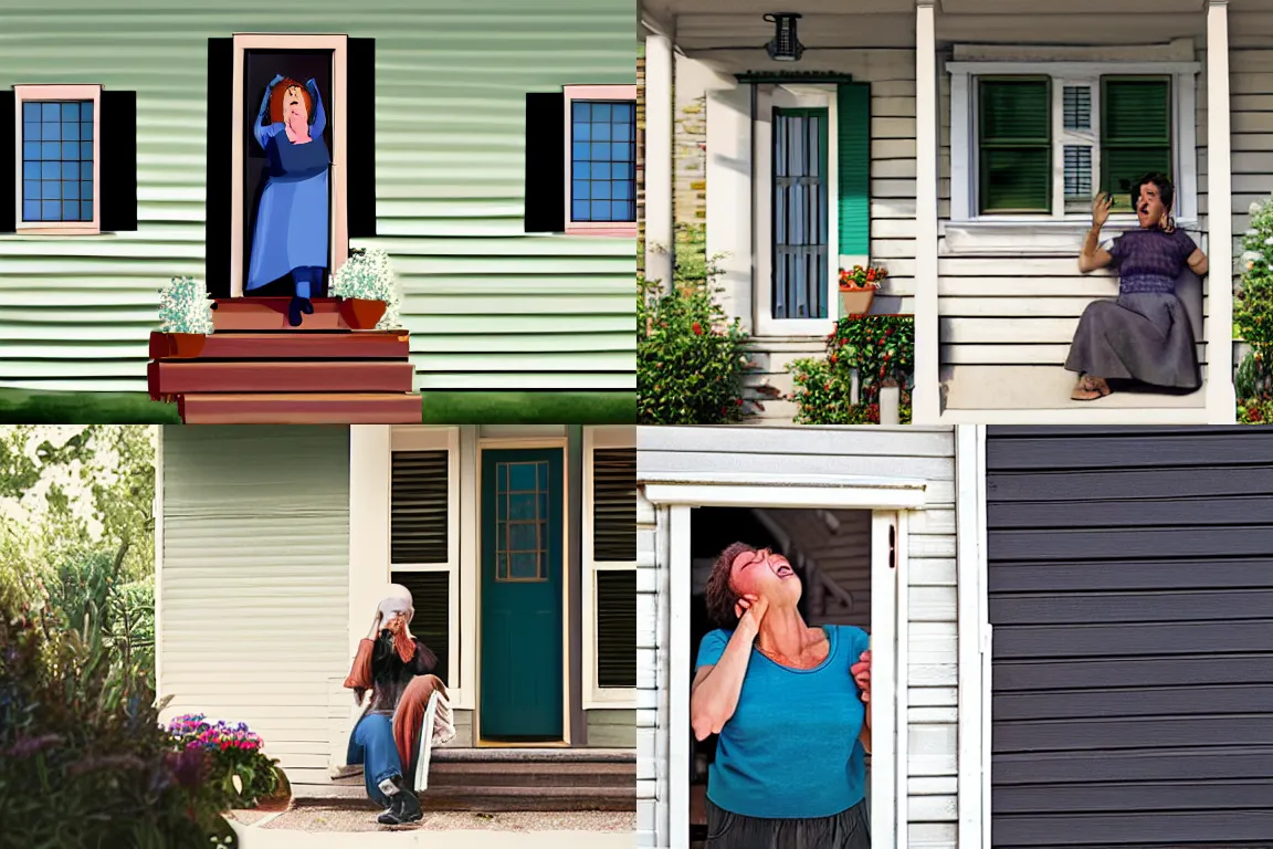 Prompt: a woman yawning on her little front porch during the morning, photorealistic