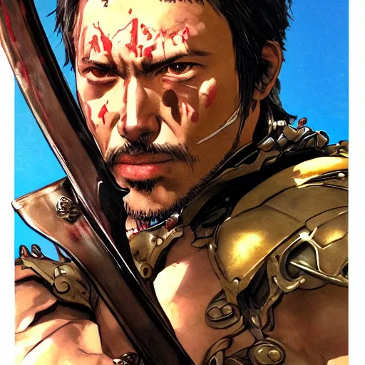 Image similar to portrait of a hero holding his sword in front of his face by yoji shinkawa, high quality, extra details, realism, ornate, colored, golden chain, blood, white skin, short hair, brown eyes, vivid, sunlight, dynamic,