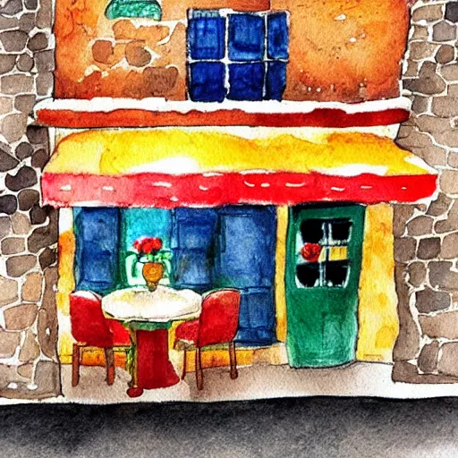 Image similar to beautiful cute cozy very little cafe on a cobblestone street, cute cartoon, watercolor, 4 colors