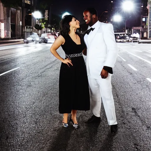 Prompt: A black man wearing white suit with a black time with a white woman wearing a pink dress on street at night , traffic