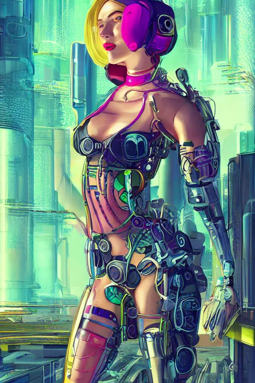 Image similar to attractive female android in feminine pose on a hyper-maximalist overdetailed retrofuturist scifi bookcover illustration from '70s. Inspired by wlop. Biopunk, solarpunk style. Daytime