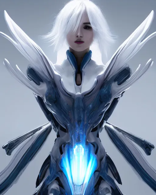 Prompt: perfect white haired alien being with huge white dove wings, warframe armor, beautiful, symmetric, dreamy, half asian, pretty face, blue eyes, detailed, scifi platform, laboratory, experiment, 4 k, ultra realistic, epic lighting, android body, illuminated, cinematic, masterpiece, art by akihito tsukushi, voidstar