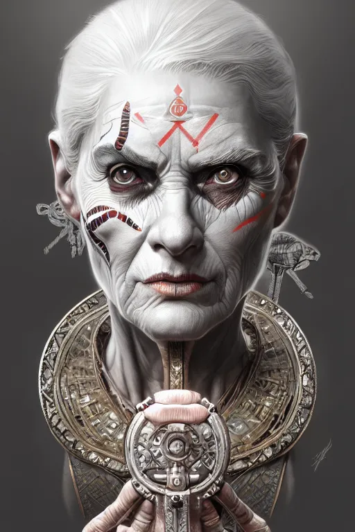 Prompt: symmetry!! portrait of an elderly grey haired woman in the style of god of war, machine parts embedded into face, intricate, elegant, highly detailed, digital painting, artstation, concept art, smooth, sharp focus, illustration, art by artgerm and greg rutkowski and alphonse mucha, 8 k