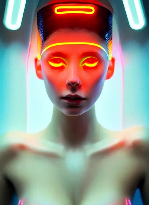 Image similar to a european female humanoid with freckled cheeks, cyber neon lighting, futurism, intricate futuristic led lit jewelry, cyberpunk glossy white latex swimwear, profile posing, hyper photorealistic, crispy quality, digital photography, trending in artstation, trending in pinterest, cinematic, 4 k ultra hd, art by pascal blanche, art by greg rutkowski,