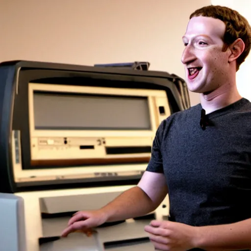 Prompt: mark zuckerberg dancing with a tandy trs - 8 0 computer. cinematic 8 k, depth of field, bokeh.