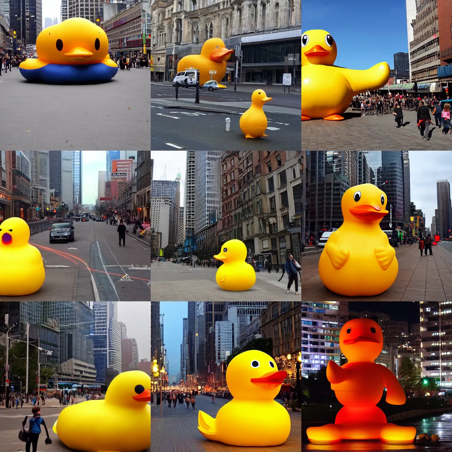 Prompt: World's Largest Rubber Duck terrorising the city with his laser eyes