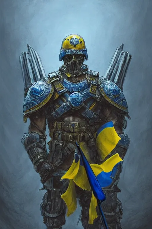 Prompt: a distant shot from behind of a Ukrainian super soldier with blue and yellow flag behind him standing alone on a huge pile of skulls as a winner, masculine muscular figure, D&D, fantasy, intricate, elegant, highly detailed, extremely detailed, digital painting, artstation, concept art, matte, smooth, sharp focus, illustration, art by Artgerm and Greg Rutkowski and Alphonse Mucha