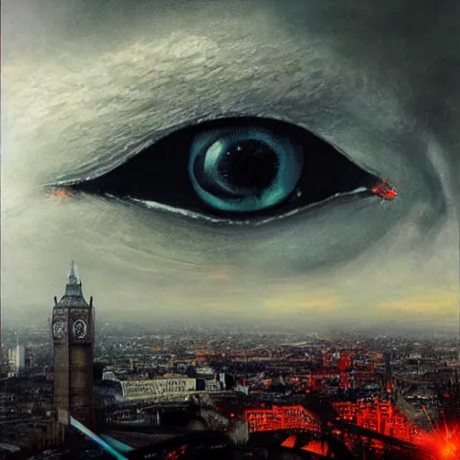 Prompt: eye of sauron looks over london by raymond swanland, highly detailed, bright tones