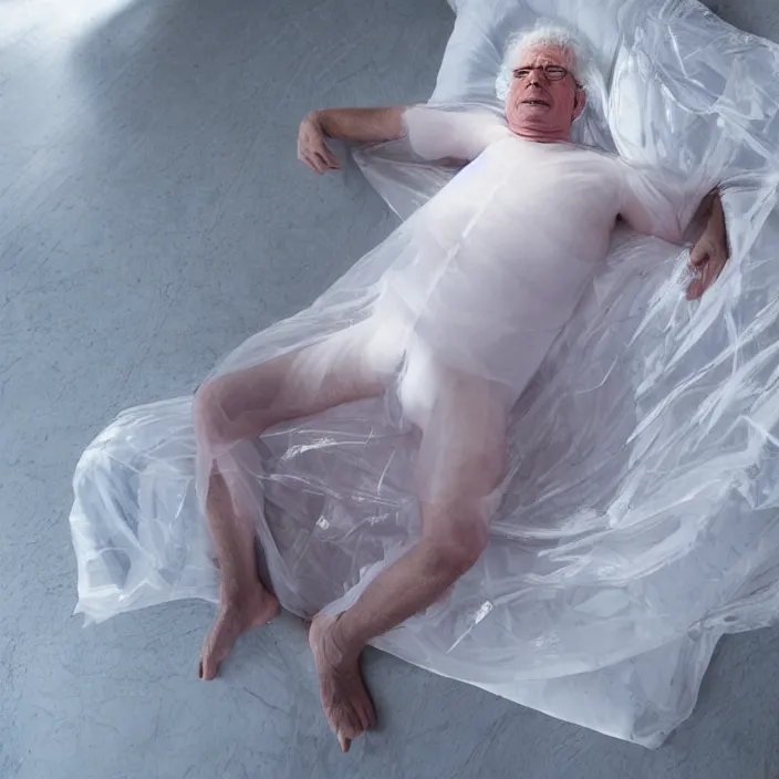 Prompt: a 7 0 year old white haired man lays on a bed, a transparent iridescent figure levitates above him, by favid chipperfield, canon eos c 3 0 0, ƒ 1. 8, 3 5 mm, 8 k, medium - format print