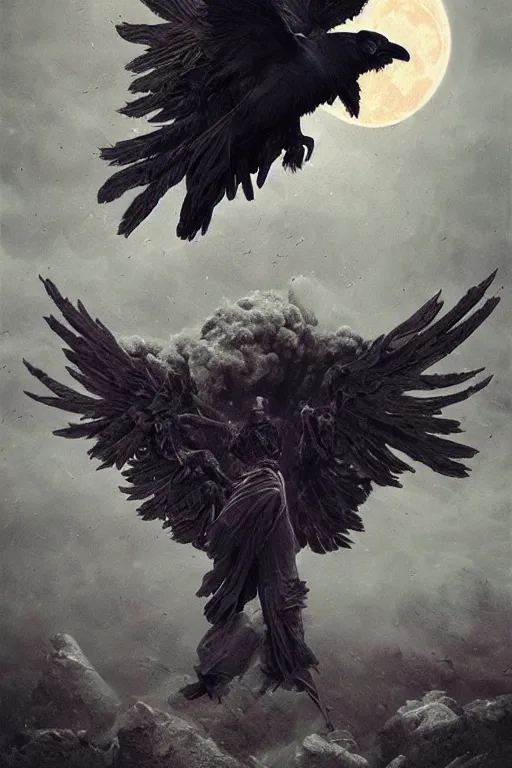 Prompt: Intricate stunning highly detailed surreal ravens by agostino arrivabene and Seb McKinnon, sculpture, ultra realistic, Horror, full moon, blood moon, thick black swirling particle smoke tornado, fire embers, trending on artstation