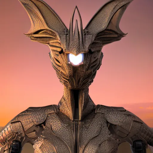 Image similar to bust of a beautiful majestic anthropomorphic humanoid robot female dragon, with smooth and streamlined armor, standing and posing elegantly, well detailed dragon head with epic LED eyes and a warm maw, sharp and dangerous sleek design, two arms, two legs, long tail, beautiful digital art, artstation, DeviantArt, FurAffinity, professional, octane render, sunset lighting