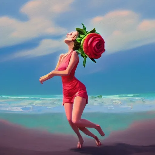 Image similar to portrait, giant rose flower head, woman running at the beach, surreal photography, sunrise, blue sky, dramatic light, impressionist painting, digital painting, artstation, simon stalenhag