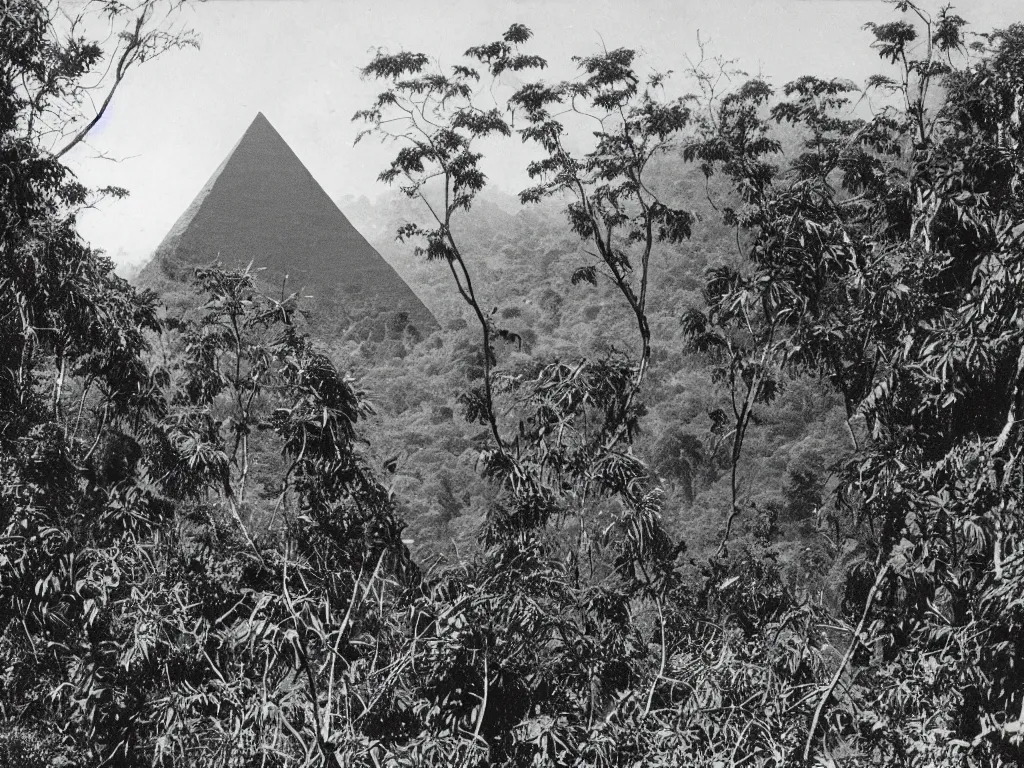 Prompt: old photo of black pyramid in a jungle