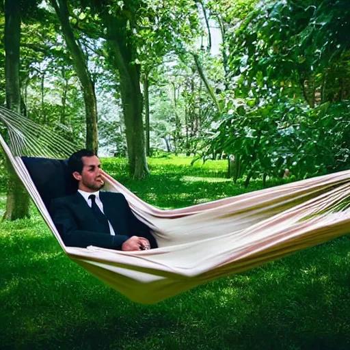 Prompt: award winning photograph of business man resting in a hammock, heavenly, peaceful, tranquil
