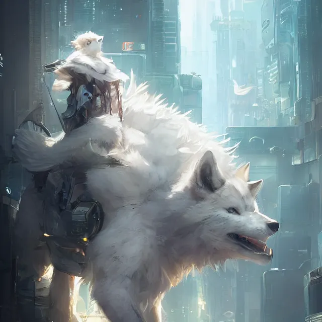 Prompt: a beautiful portrait of a cute male anthropomorph white wolf wearing in cyberpunk city. character design by cory loftis, fenghua zhong, ryohei hase, ismail inceoglu and ruan jia. artstation, volumetric light, detailed, photorealistic, rendered in octane