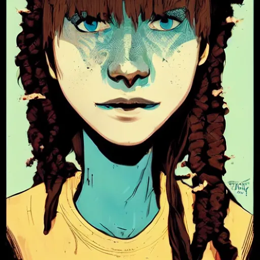 Image similar to Highly detailed portrait of a punk zombie young lady with freckles and brown curly hair hair by Atey Ghailan, by Loish, by Bryan Lee O'Malley, by Cliff Chiang, was inspired by image comics, inspired by scott pilgrim, inspired by graphic novel cover art !!!electric blue, brown, black, yellow and white color scheme ((grafitti tag brick wall background))