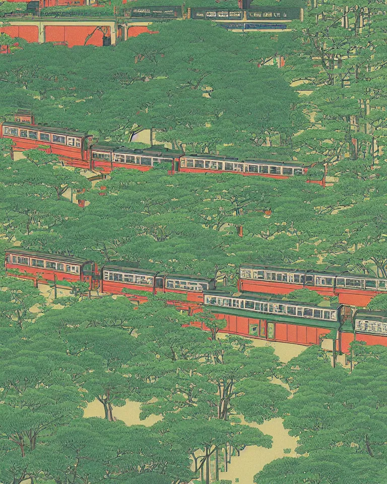 Prompt: close-up graphic poster of small model trains traversing a lush garden by Hasui Kawase.