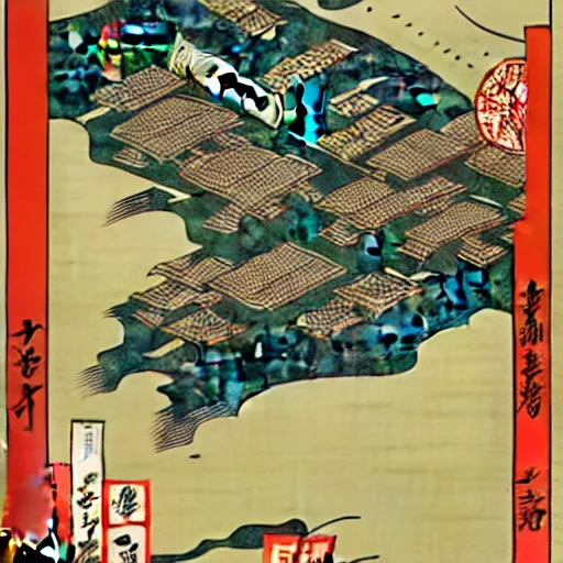 Image similar to propaganda poster of a high resolution map of a cyberpunk city in Ukiyo-e style, HD